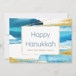 Modern Blå Guld Akvarell Hanukkah Familj Julkort