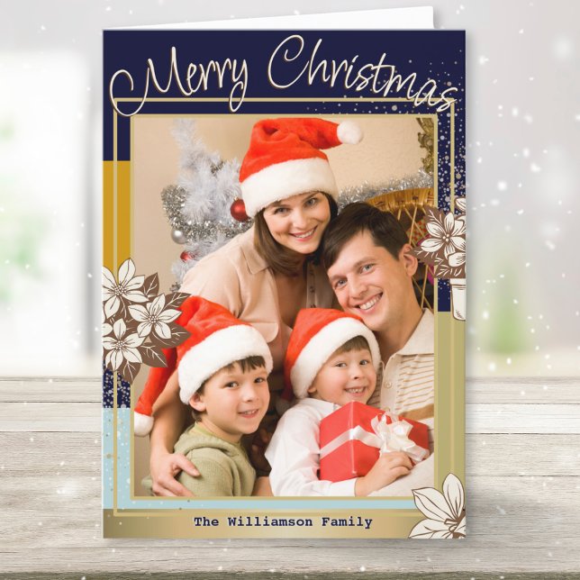 Modern Blå Guld Blommig Julhälsning Foto Helgkort (A contemporary blue and faux gold Christmas card to personalize with your own photo and name(s))