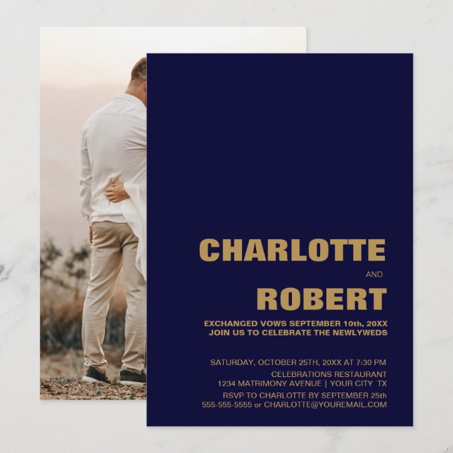 Modern Blå Guld Bröllopsmottagning Inbjudningar (Fram/baksida)