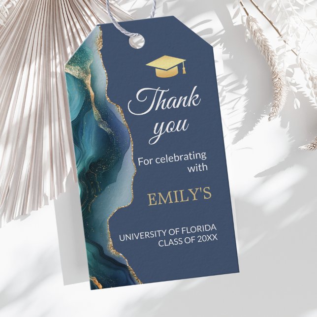 Modern Blå & Guld Examensfirande Tack Presentetikett (Blue Sapphire and Gold agate Graduation thank you gift tag)