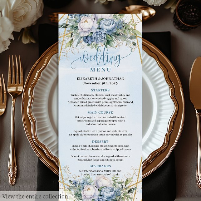 Modern blå guld glitter ram grönska bröllop  meny (Modern Blue Gold Glitter Frame Greenery Wedding Menu)