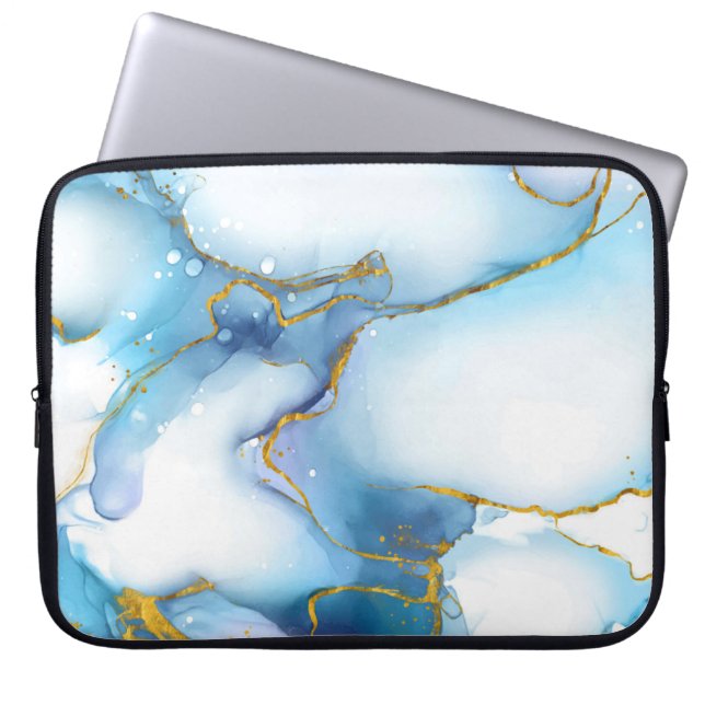 Modern blå Guld-marble-bakgrund Laptop sleeve (Framsidan)