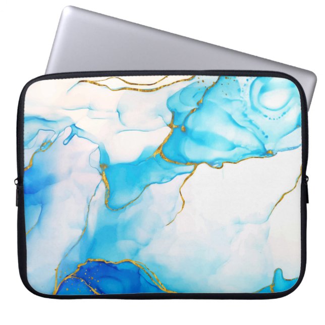 Modern blå Guld-marble-bakgrund Laptop sleeve (Framsidan)
