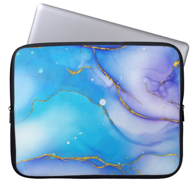 Modern blå Guld-marble-bakgrund Laptop sleeve (Framsidan)