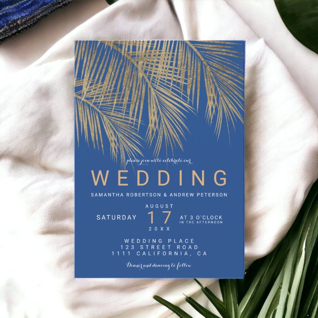 Modern blå guld palmer elegant bröllop inbjudningar (Modern blue gold palm tree elegant wedding invitation)
