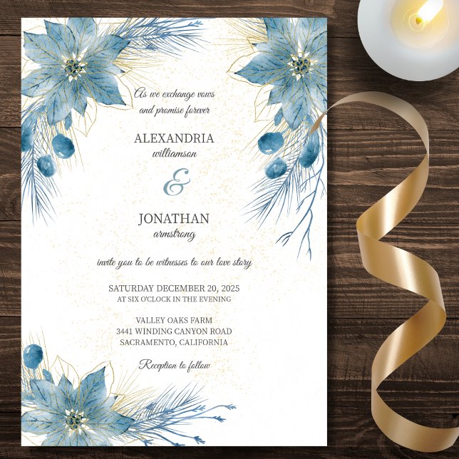 Modern Blå & Guld Poinsettia Bröllop  Inbjudningar (Skapare uppladdad)