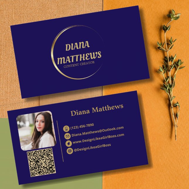 Modern Blå Guld, QR-kod Professionell Foto Visitkort (Skapare uppladdad)