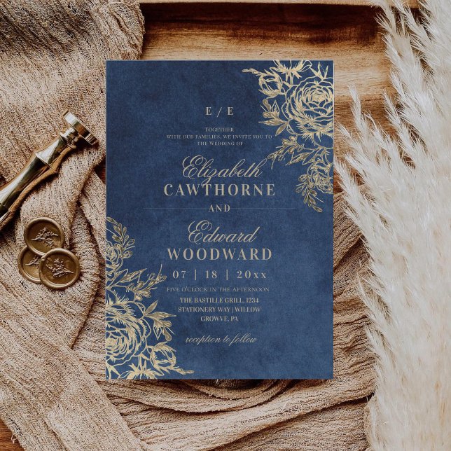 Modern Blå & Guld ⎮Rose Elegant Bröllop Inbjudningar (Skapare uppladdad)