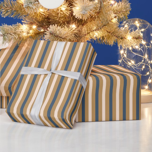 Modern Blå Guld Vit Rand Jul Presentpapper (Helgdagar)