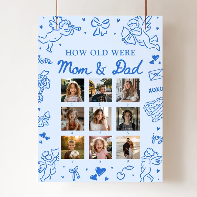 Modern blå handritad Hur gamla var mamma & pappa s Poster (Modern Blue Hand Drawn How Old Were Mom & Dad Sign)