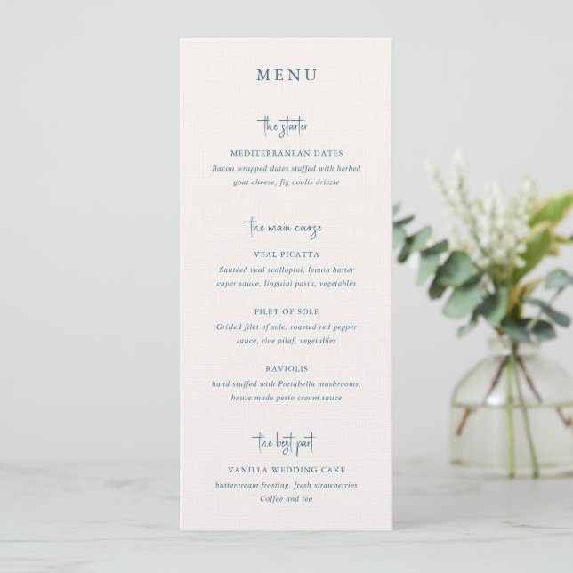 Modern blå handskriven skrift elegant bröllop meny (Stående Fram)