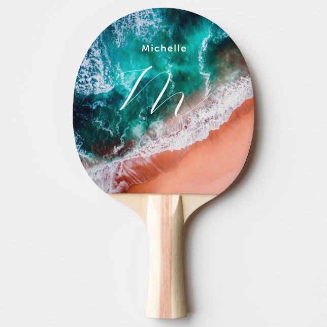 Modern blå havsstrand med monogrammerade kusthav pingisracket (Framsidan)