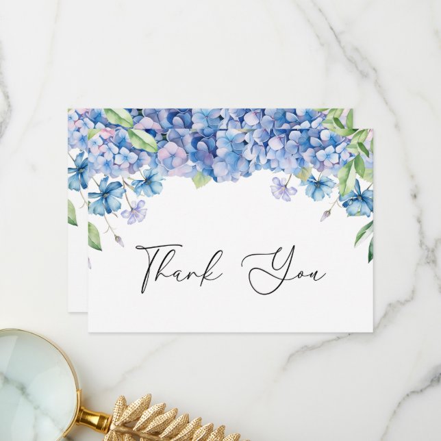 Modern blå hortensia blomster bröllopsfest tack kort (Fram/Back In Situ)
