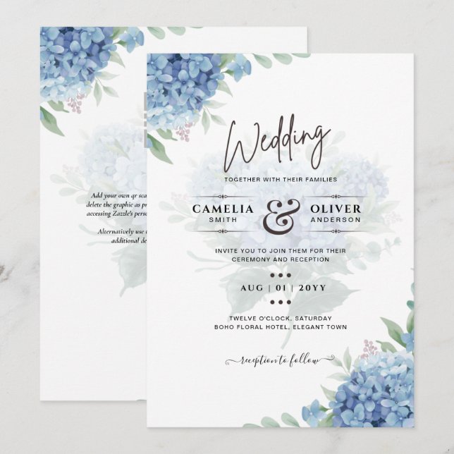 Modern Blå Hydrangea Bröllopsinbjudan QR-kod Inbjudningar (Fram/baksida)