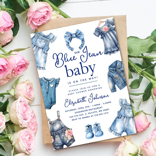 Modern Blå Jean Baby Denim Tema Flickor Barnvaktpa Inbjudningar (Modern Blue Jean Baby Denim Theme Girl Baby Shower Invitation)