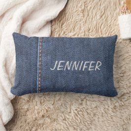 Modern blå jeans denim mönster personlig namn lumbarkudde