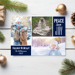 Modern blå julfred Kärlek Joy Foto Collage Julkort<br><div class="desc">Det här moderna "Happiest Helgdagars"-kortet innehåller tre foton, orden "Peace Kärlek Joy" och anpassad text på framsidan och baksidan. Du kan enkelt ändra bakgrunden till färg för att matcha dina helgdag - klicka bara på anpassa och sedan på den lilla öga-pipetten. Modern och enkel men ändå sofistikerad och trendig gör...</div>
