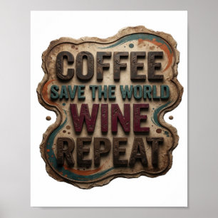 Modern Blå KAFFE RÄDDA VÄRLDEN VIN UPPREPA Poster