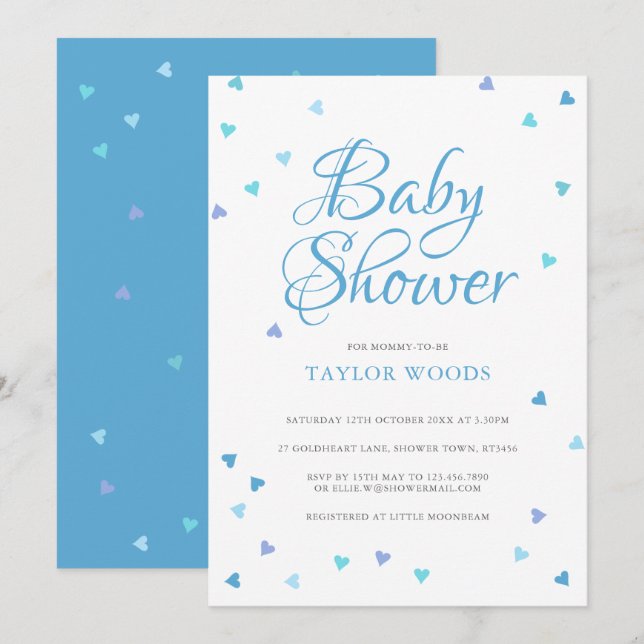 Modern Blå Kärlekshjärta Baby Boy Shower / Sprinkl Inbjudningar (Fram/baksida)