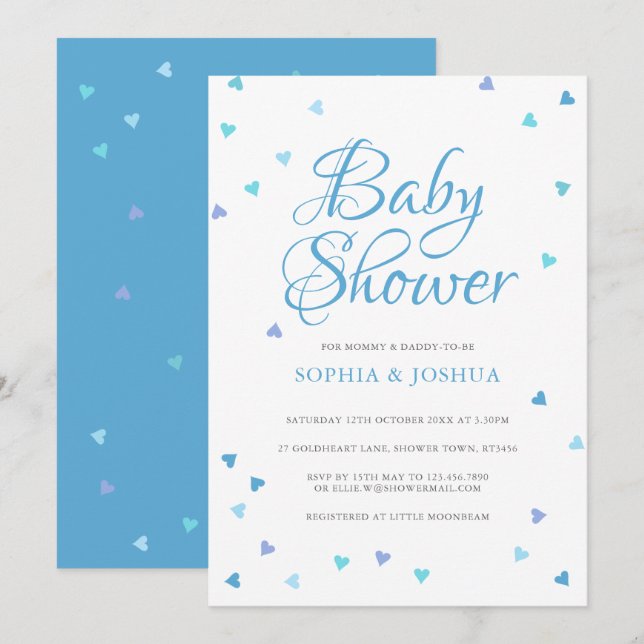 Modern blå kärlekshjärta för baby shower för pojka inbjudningar (Fram/baksida)