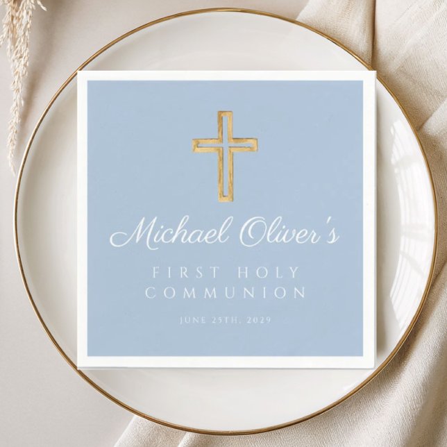 Modern blå kors pojke första kommunion  pappersservett (Modern Blue Cross Boy First Communion Napkins)