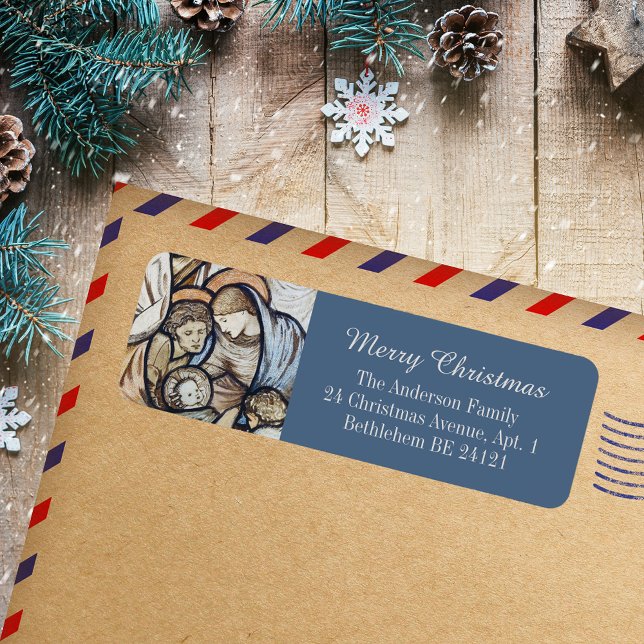 Modern blå kristen God jul Nativitet Returadress Etikett (Modern Blue Religious Christian Catholic Merry Christmas Nativity Holiday Return Address Labels)