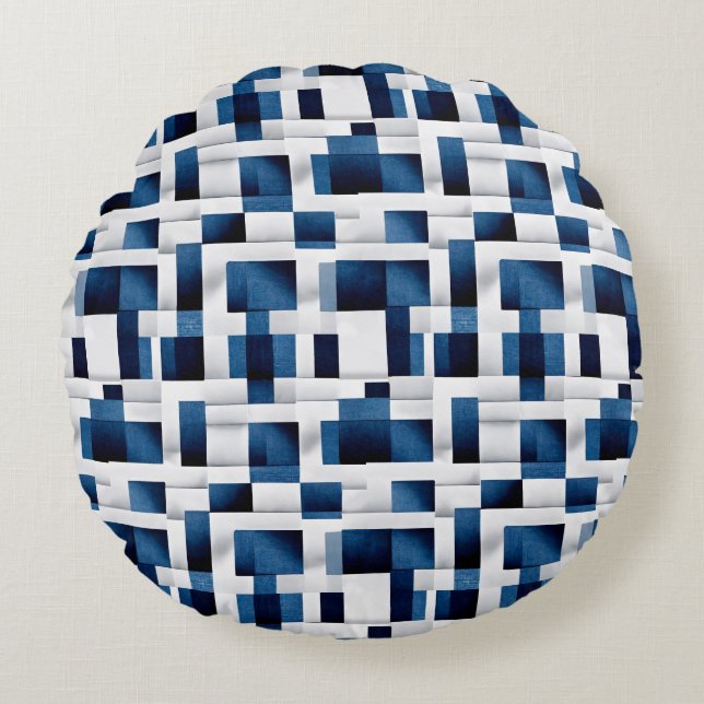 Modern blå kvadrat Upprepande Mönster Rund Kudde (Framsidan)