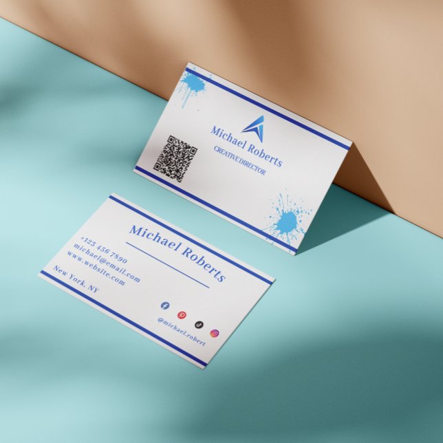 Modern Blå Målad Stänk Kreativ med QR-kod Visitkort (Skapare uppladdad)