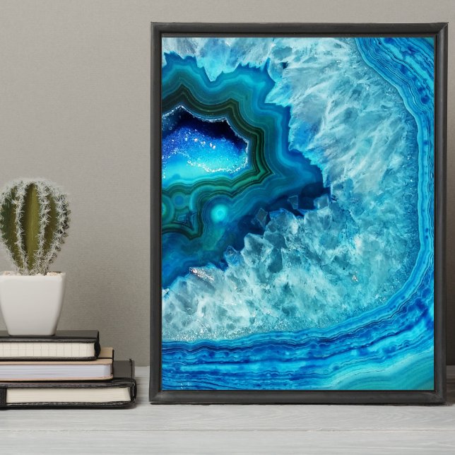 Modern blå marble Agate Poster (Cute Trendy Bright Blue Turquoise Crystal Geode Poster)