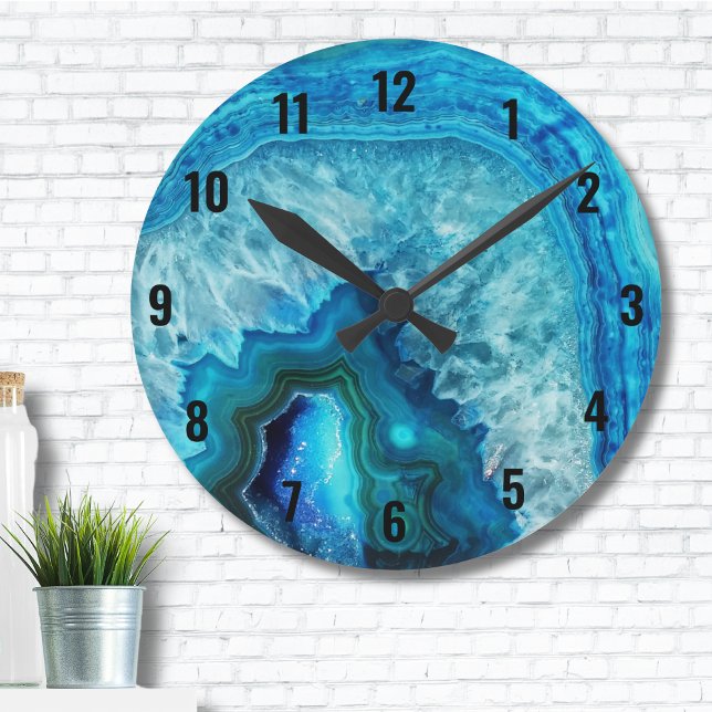 Modern blå marble Agate Rund Klocka (Cute Trendy Bright Blue Turquoise Crystal Geode Round Clock)