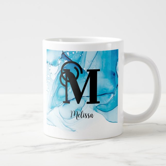 Modern blå marmormonogram jumbo mugg (Höger)