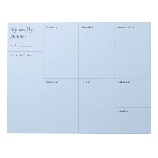 Modern blå minimalistisk veckoplanering anteckningsblock (Framsida)