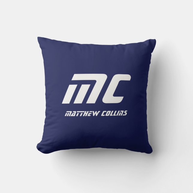 Modern blå monogramtext med minimalistisk Namn-vit Kudde (Framsida)