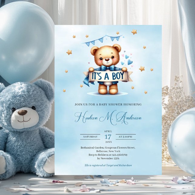 Modern blå och brun nalle är en pojke inbjudningar (cute teddy bear holding ribbon it's a boy baby shower invitation)