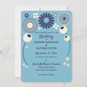 Modern blå och Cream Geometric Flowers Bröllop Inbjudningar