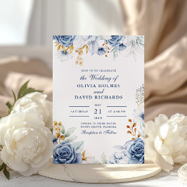 Modern blå och gul blomsterbröllopsinbjudan inbjudningar