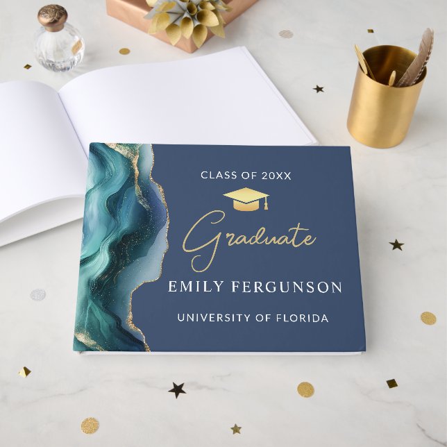 Modern blå och gul examenpresent gästböcker (Framsida Öppen)