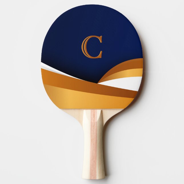 Modern blå och gul vågmonogramdesign pingisracket (Baksidan)