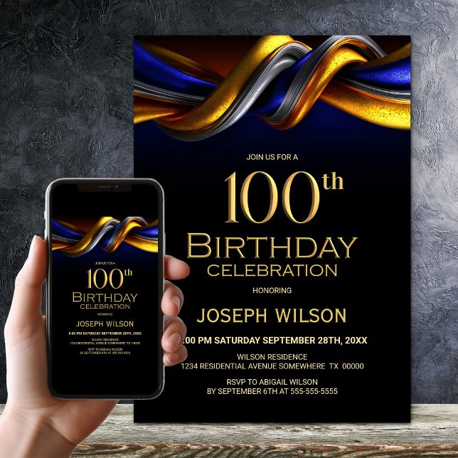 Modern blå och guld 100-årsfest inbjudningar (Skapare uppladdad)