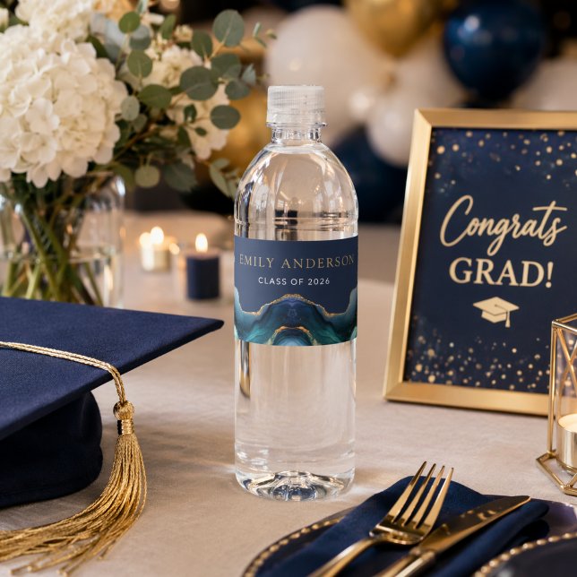 Modern blå och guld agat-examensfirande dekoration vattenflaskor etikett (Elegant Modern Blue & Gold Agate Graduation party water bottle label)