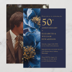 Modern Blå Och Guld Blommig 50-årsjubileums Foto Inbjudningar