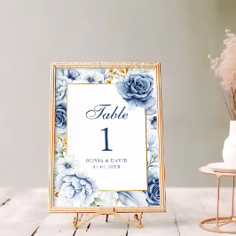 Modern Blå och Guld Blommig Bordnummer för Bröllop