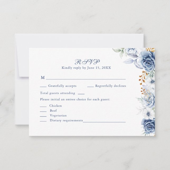Modern Blå och Guld Blommig Bröllops RSVP-kort OSA Kort (Framsida)
