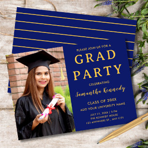 Modern Blå Och Guld Foto Examen 2026 Fest Inbjudningar