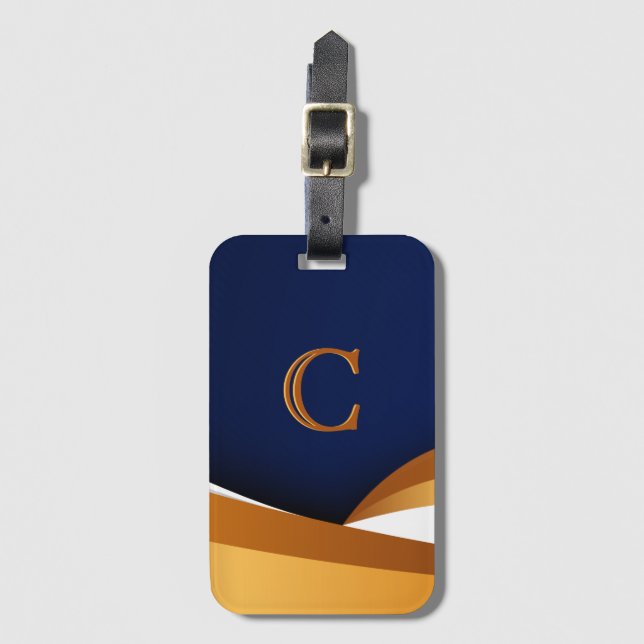 Modern Blå Och Guld Våg Monogram Design Bagagebricka (Framsida vertikal)