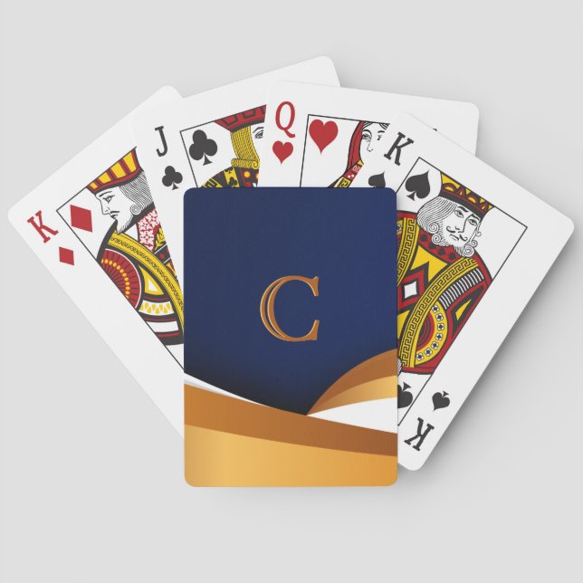 Modern Blå Och Guld Våg Monogram Design Casinokort (Baksidan)