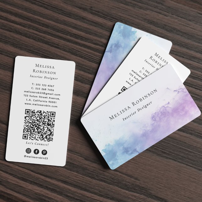 Modern Blå och Lila Rökig Vattenfärg QR-kod Visitkort (Skapare uppladdad)