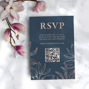 Modern blå och Ro Guld Foliage OSA QR Bröllop Kort