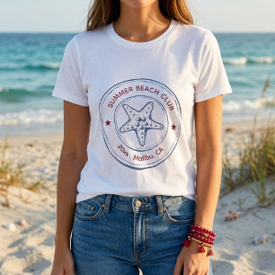 Modern blå och röd strand sommar födelsedag t shirt