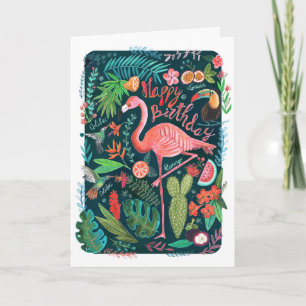 Modern blå och rosa flamingo-målad födelsedag kort